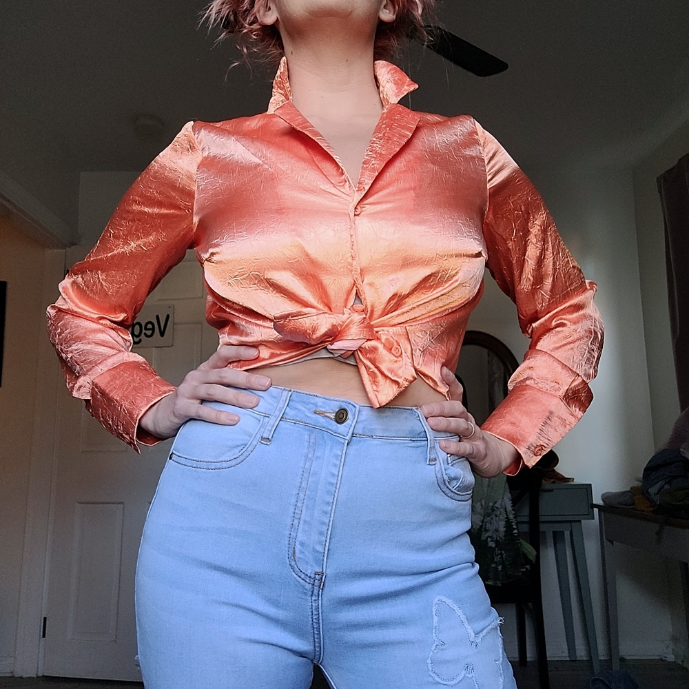 salmon, silky button up shirt